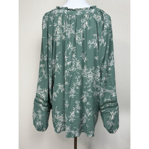 Torrid Women's Blouse Top Tunic Sz 1X? (No tag) Green Long Sleeves Floral Birds - Picture 7 of 13